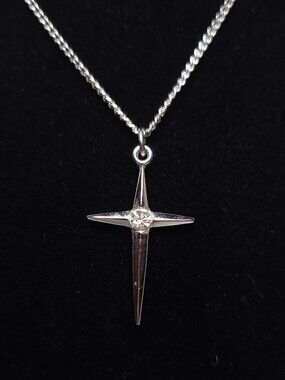 Silver Tone Cross Necklace with Rhinestone